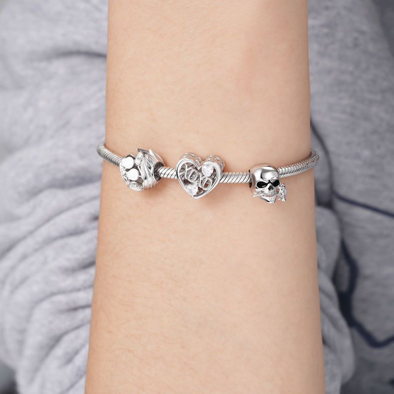 "XOXO" Charm Bead 925 Sterling Silver Inlaid with Crystal Heart Gemstones_3