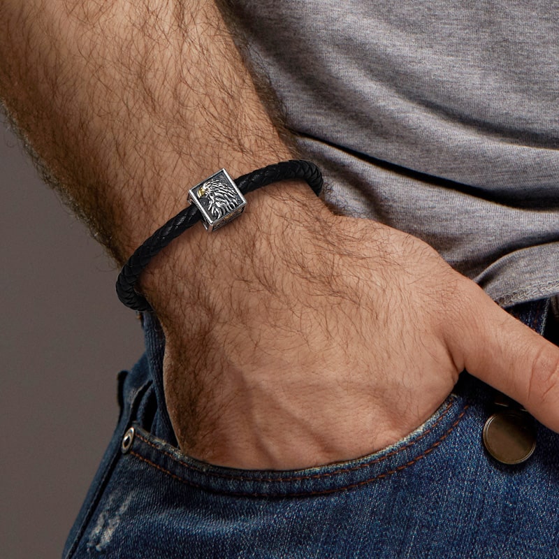 Eagle Men's Vintage Bead S925 Sterling Silver with Gift Copper Black Leather Men's Bracelet Jewelry for Men_4