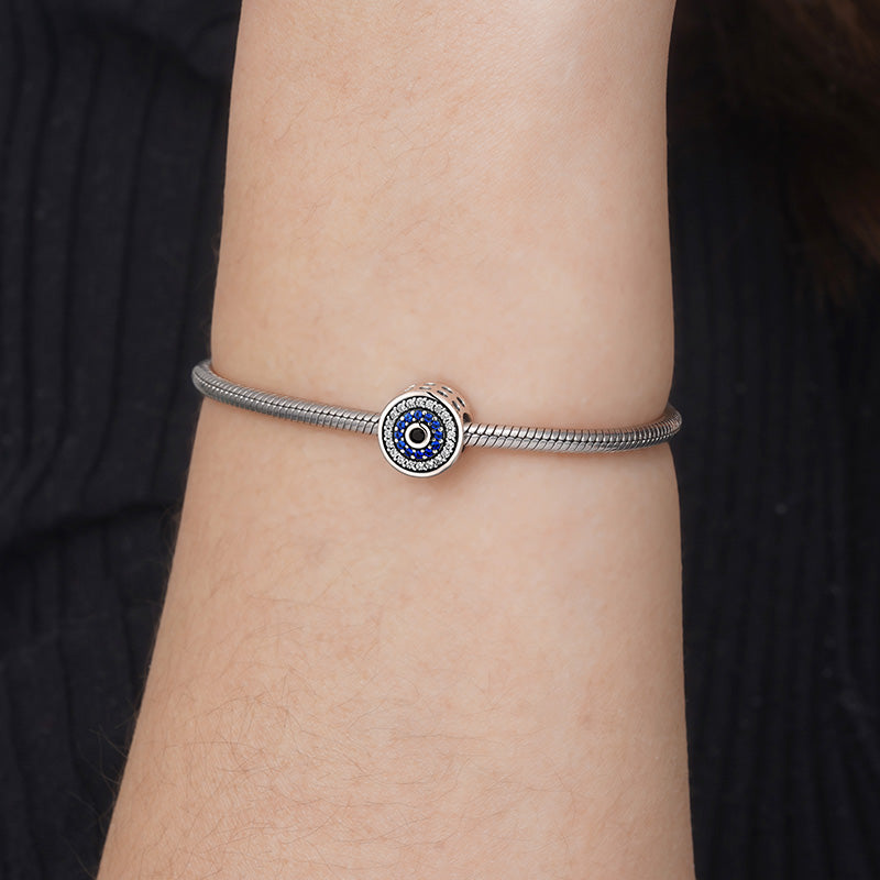Sparkle Devil's Eye Charm Bead 925 Sterling Silver Inlaid with Clear & Blue CZ Stones_3