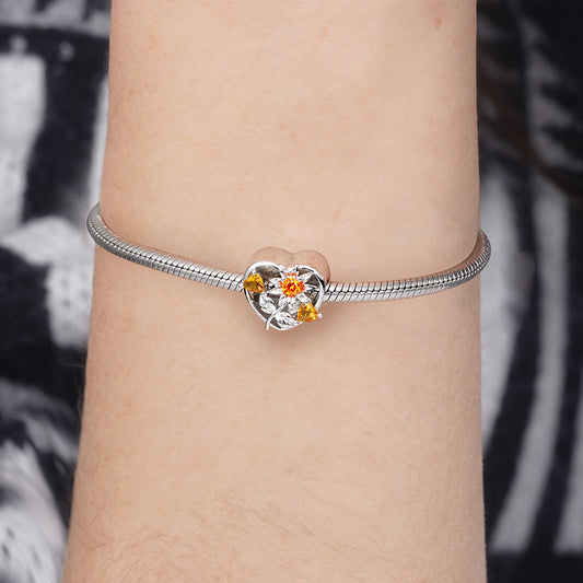 Sun Flower Personalized Photo Charm Bead 925 Sterling Silver Inliad with Orange CZ Stones_3