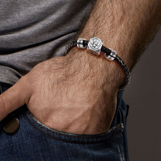 Skull Butterfly Charm Vintage Bead & Customized Classic Beads S925 Sterling Silver with Gift Copper Black Leather Men's Bracelet Jewelry for Men_5