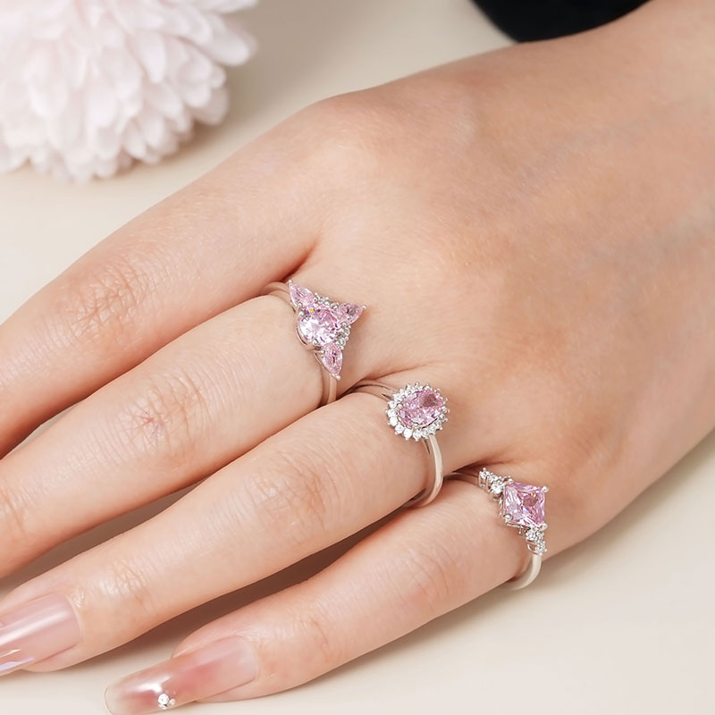 Gnoce Sparkling Triple Pink Stackable Ring Set Platinum-plated Silver Blend_8
