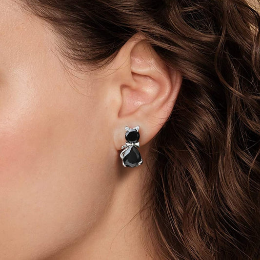 Gnoce Sparkling Black Cat Stud Earrings Platinum-plated Silver Blend_3