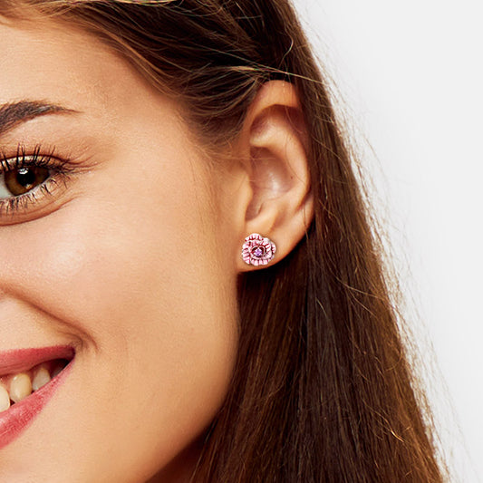 Gnoce Pink Rose Flower Stud Earrings Platinum-plated Silver Blend_4