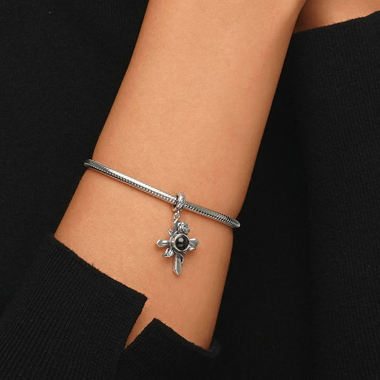 Gnoce Projection Personalized Photo Cross Rose Charm Platinum-plated Silver Blend_4
