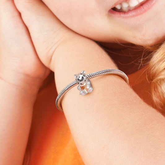 Little Leopard Embraces Heart Gemstone Charm Bead 925 Sterling Silver with Black Enamels_4