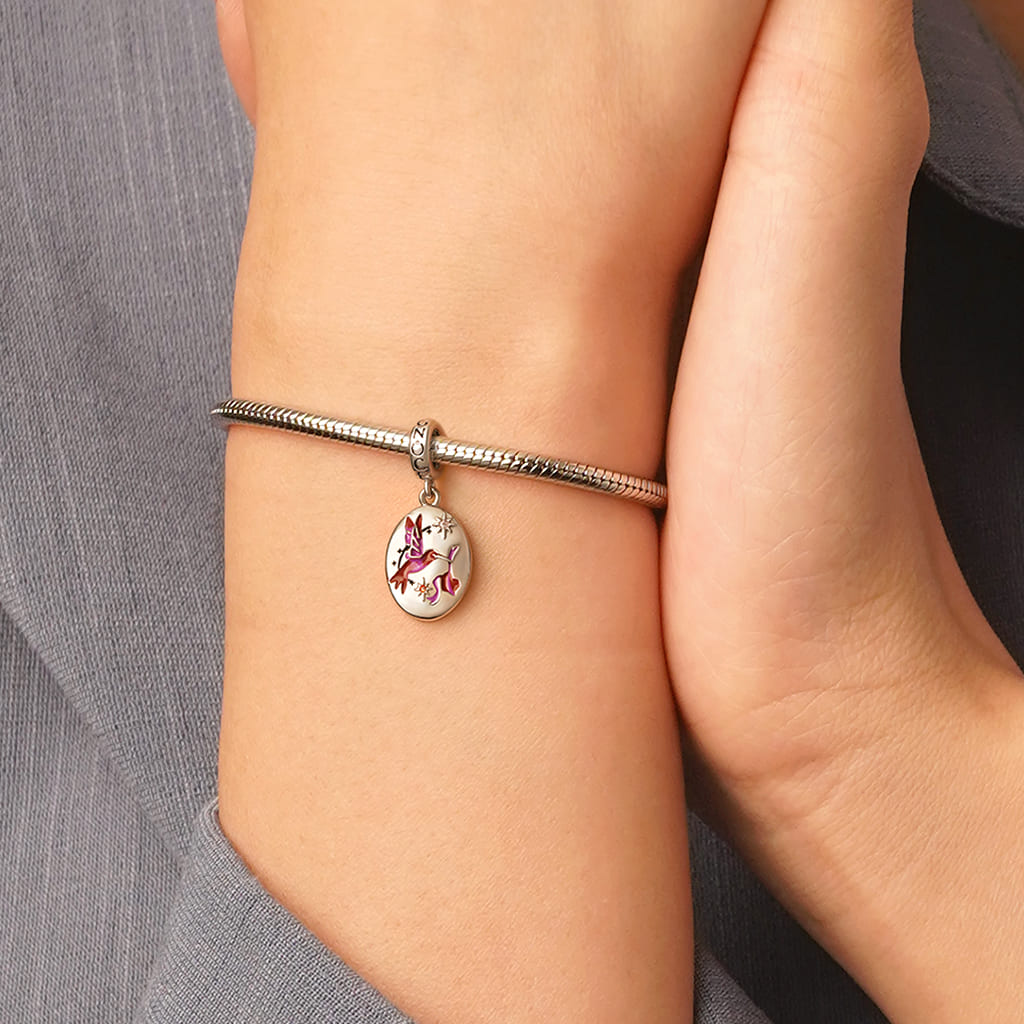 Gnoce Engravable Vintage Hand-Painted Bird Charm Platinum-plated Silver Blend_7