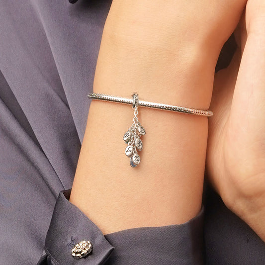 Gnoce Egg-shaped Birthstone Engravable Leaves Charm Platinum-plated Silver Blend_7