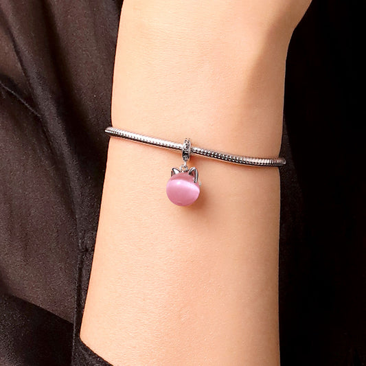 Gnoce Pink Glass Cat's Eye Round Charm Platinum-plated Silver Blend_6
