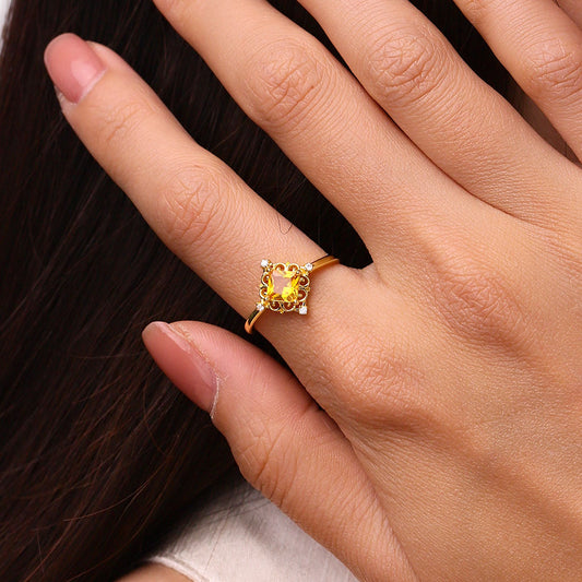 Gnoce Yellow Square Cut Patterned Base Solitaire Rings_5