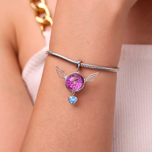 Gnoce Engravable Flower Wings Birthstone Charm Platinum-plated Silver Blend_7