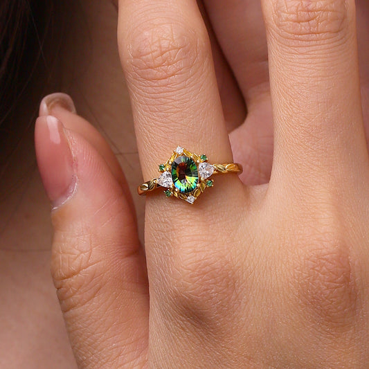 Gnoce Oval-Cut Secret Garden Gold Leaf Teal Ring_5