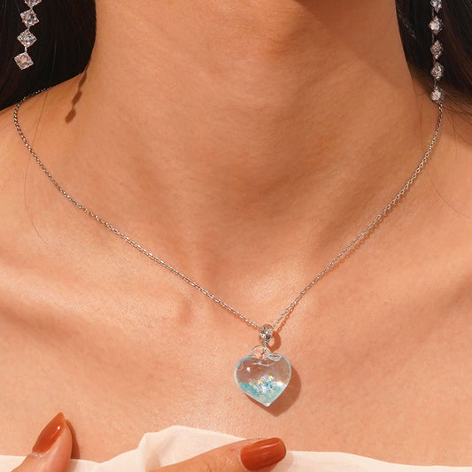 Gnoce Blue Liquid Glitter Heart Necklace_4
