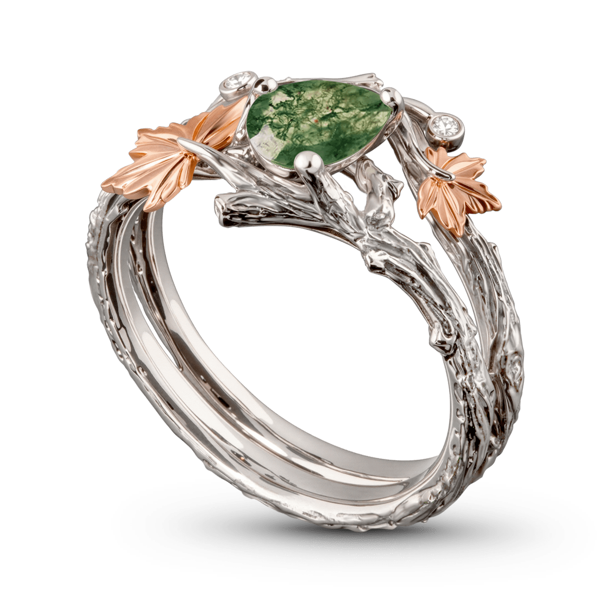 Gonce Nature-Inspired Vine & Leaf Moss Green Pear-Cut Ring Set Platinum-plated Silver Blend_5