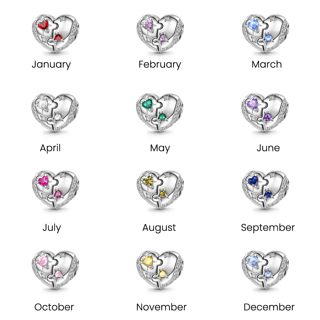 Gnoce Heart-shaped Puzzle Birthstone Charm Platinum-plated Silver Blend_7