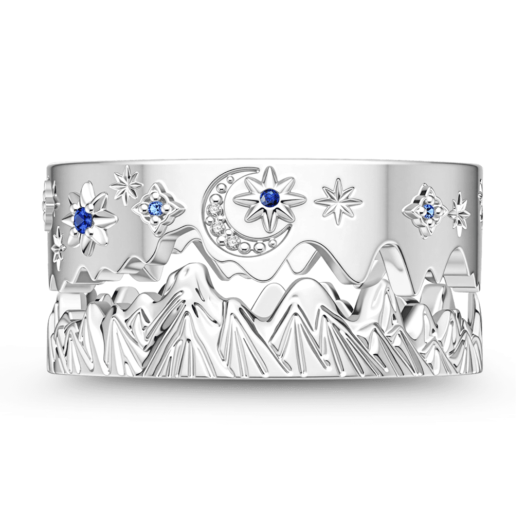 Gnoce Crescent Moon Stars Mountain Ring Set Platinum-plated Silver Blend_6