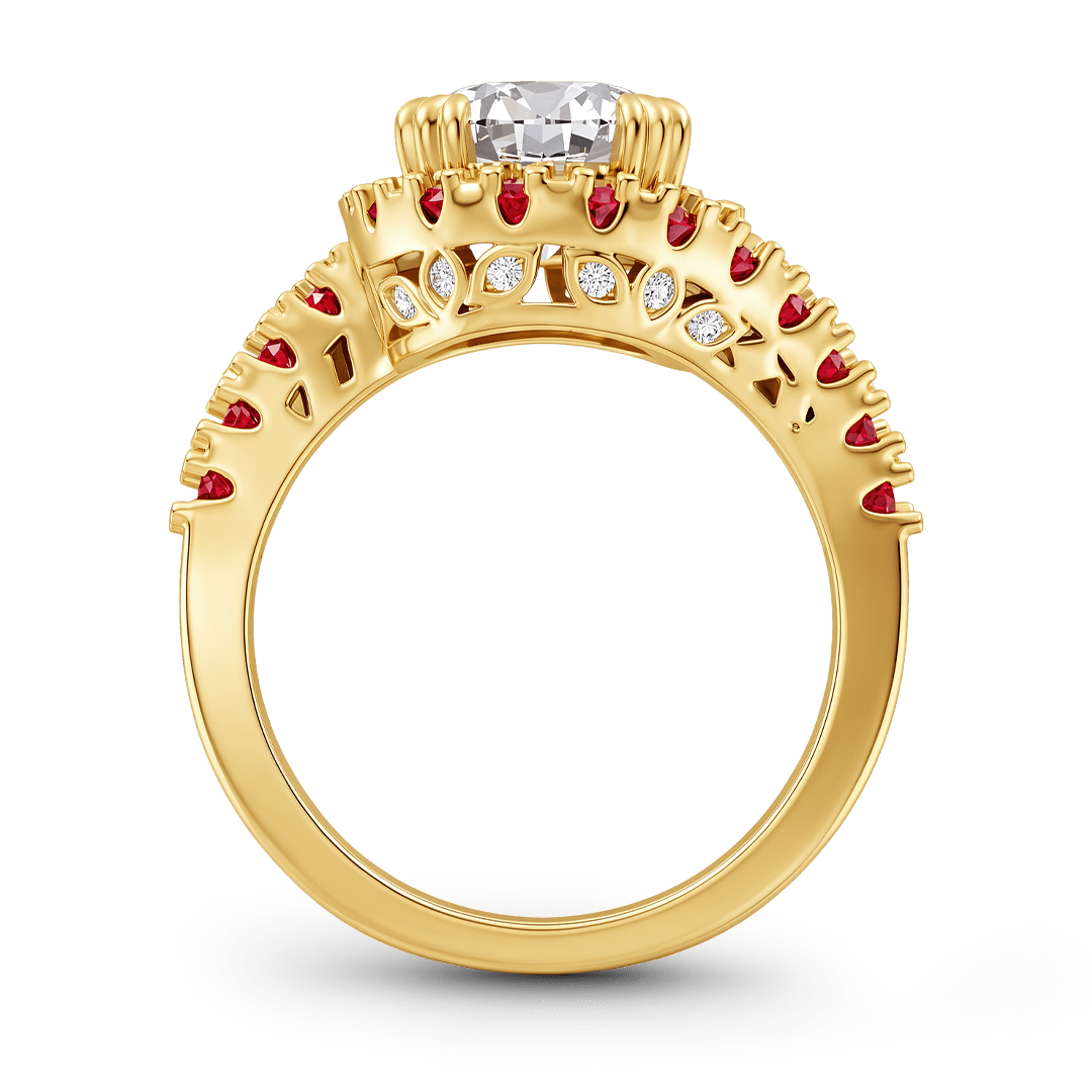 Gnoce Round Cut Moissanite with Ruby Halo Twisted Shank Ring_6