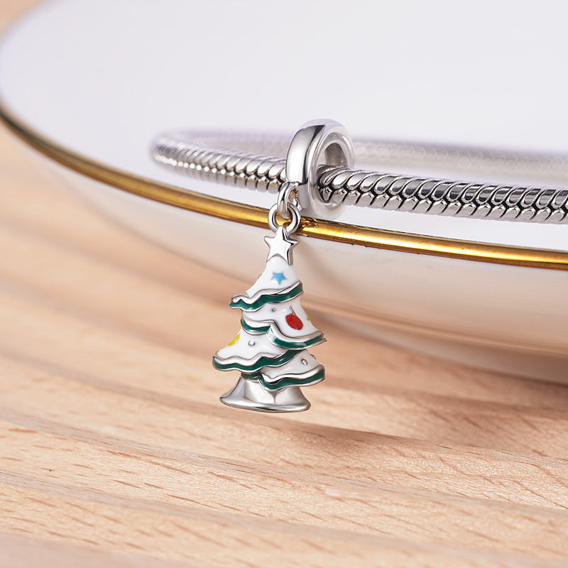 Christmas Tree with Snow and Colored Starmoon & Balls Pendant Dangle Charm 925 Sterling Silver_3