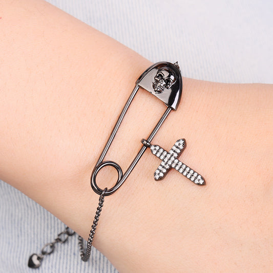 Gnoce Skull Paperclip Crystal Zircons Cross Bracelet_3