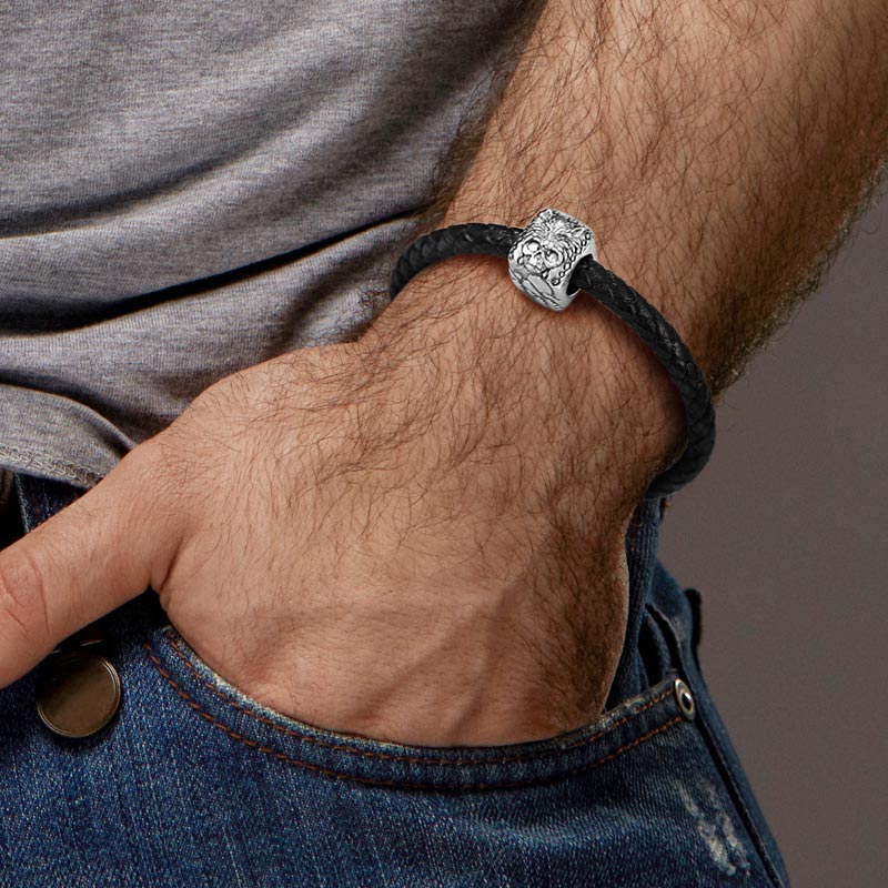 Wolf Skull Men's Vintage Bead S925 Sterling Silver with Gift Copper Black Leather Men's Bracelet Jewelry for Men_5