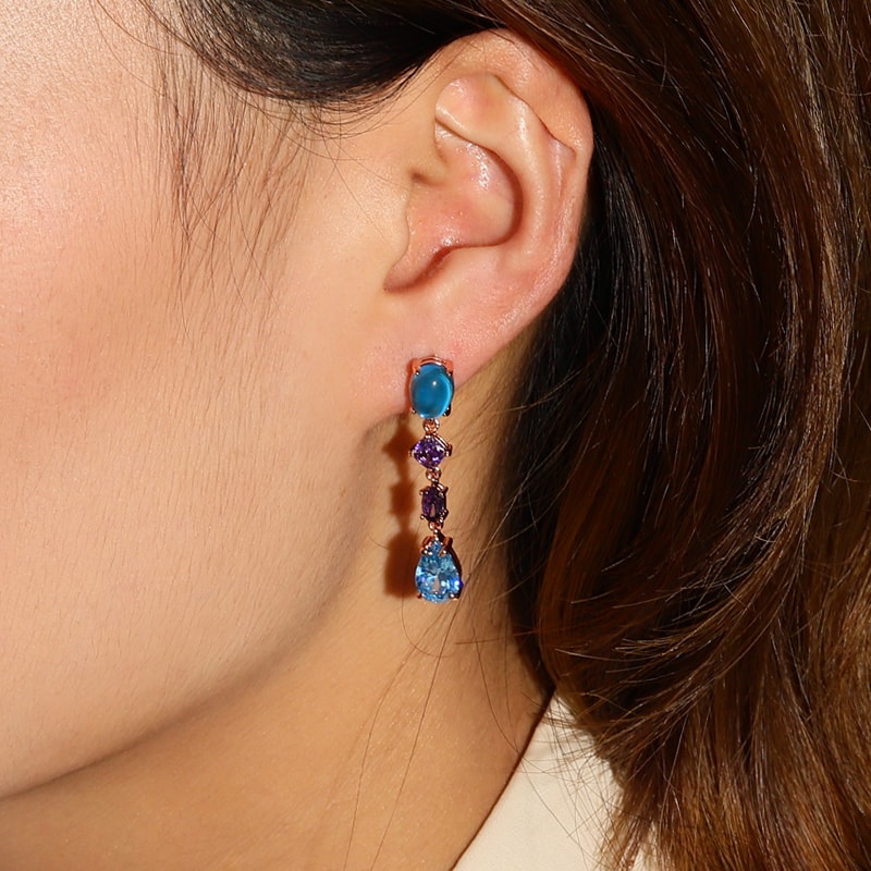 Sea Blue Dangle Earrings with Rose Gold Plated Sterling Silver_3