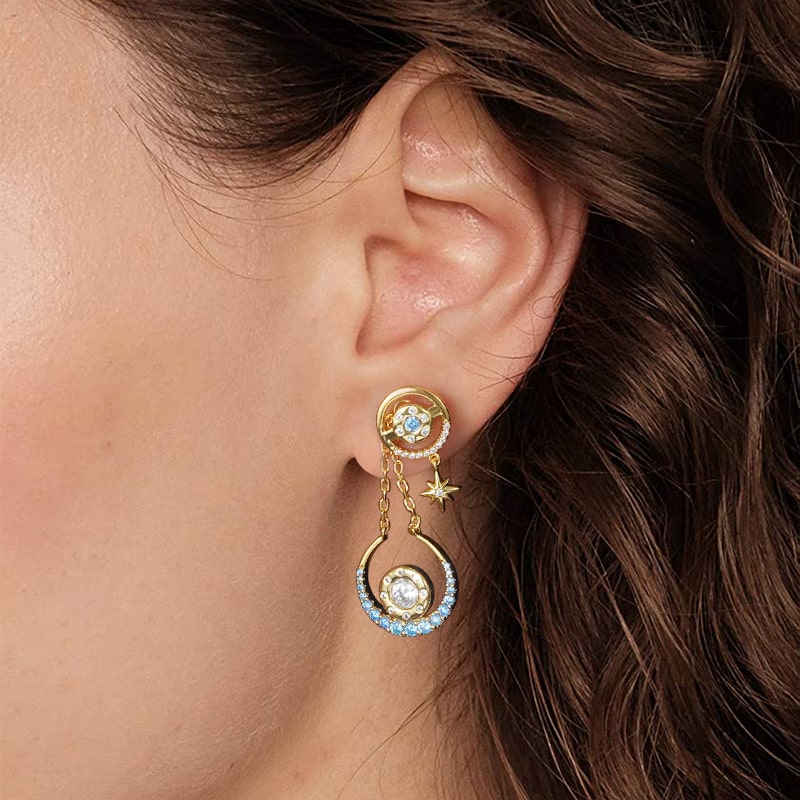 Star Moon Asymmetrical Pattern Dangle Earrings Inlaid with Colorful Gems Sterling Silver 18K Gold Plated_3