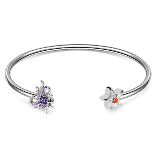 Octopus & Starfish Bangle Bracelet Sterling Silver Inlaid with Colorful Gemstones_1