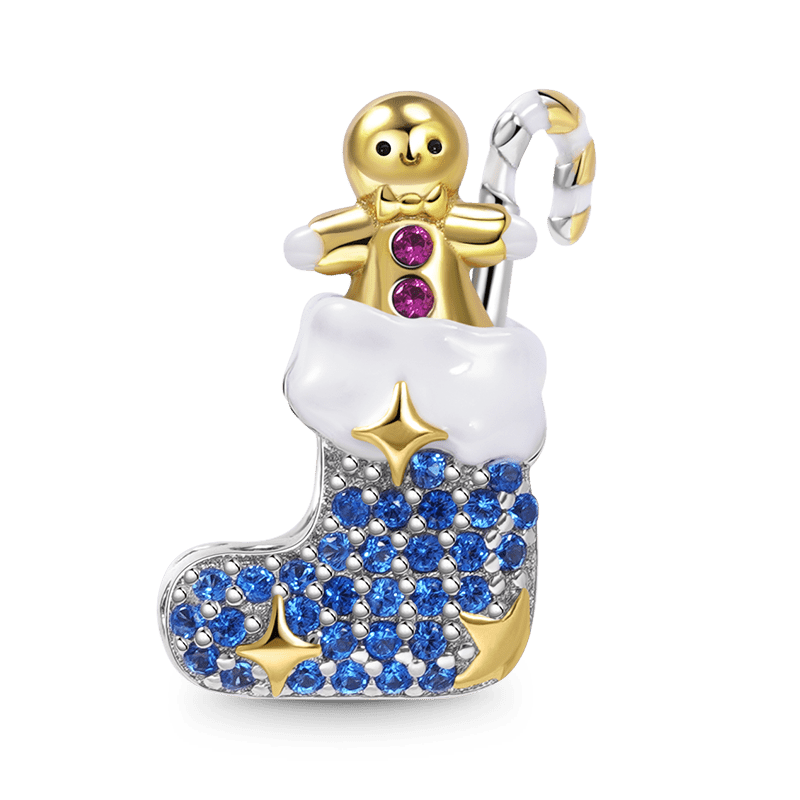 Christmas Stocking with Gingerbread Man and Candy Cane Charm Bead 925 Sterling Silver_1