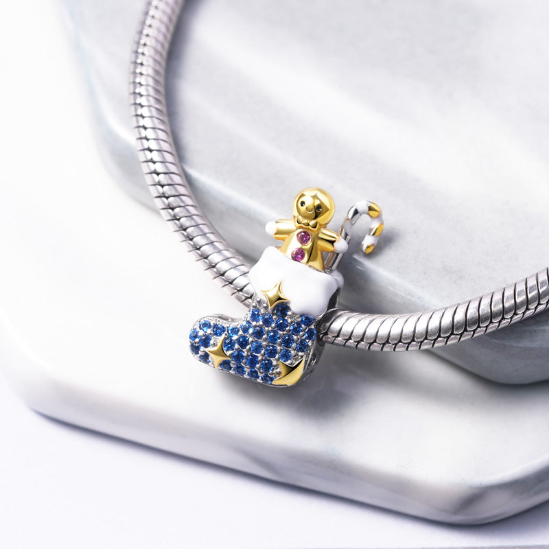 Christmas Stocking with Gingerbread Man and Candy Cane Charm Bead 925 Sterling Silver_2