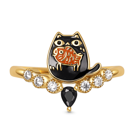 Kitten Eating Fish V-Ring Inlaid with Black Drop Zircon and Crystal Gemstones Sterling Silver 18K Gold Plated_1