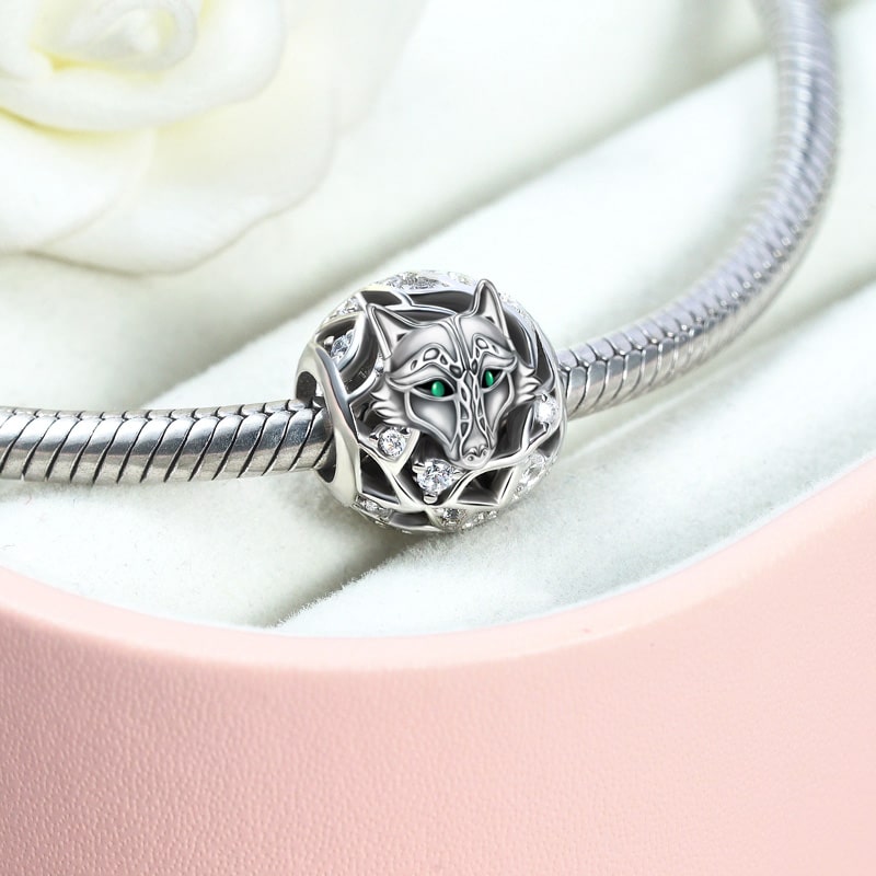 Wolf Charm Bead 925 Sterling Silver Inlaid with Crystal Zircon Stons_3