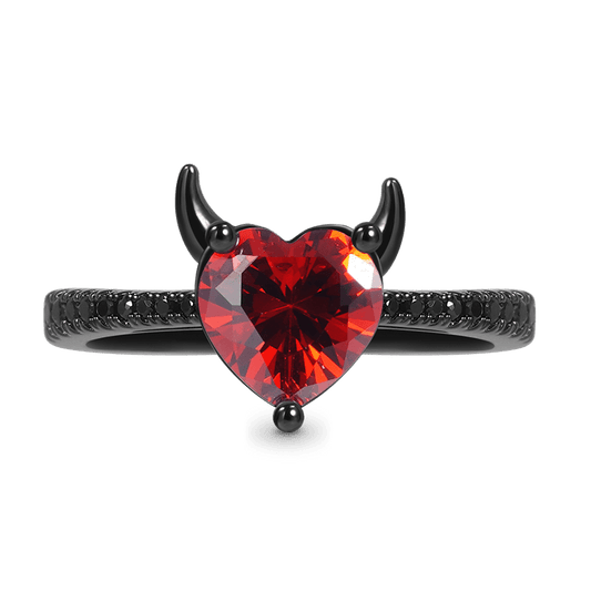 Devil with a Kind Heart Ring 925 Sterling Silver Black Plated Inlaid with Red Heart CZ Stone and Black Zircon Stones_1