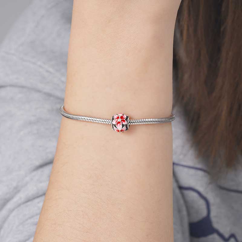 Pink Flower Charm Bead 925 Sterling Silver_4