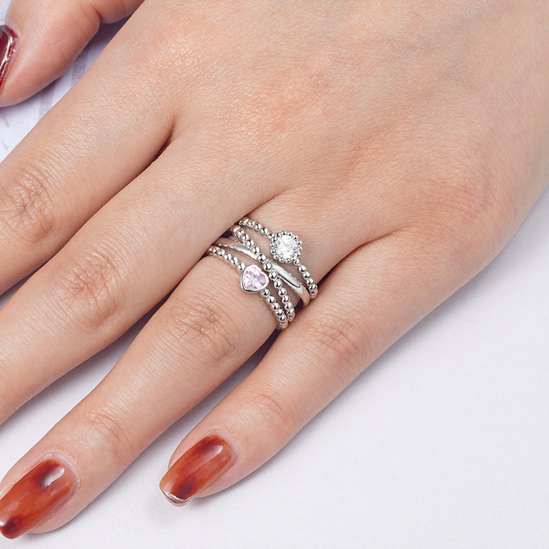 Beaded Stackable Ring Set 925 Sterling Silver Inlaid with Heart-cut Pink & Clear Round-cut CZ Stones_3