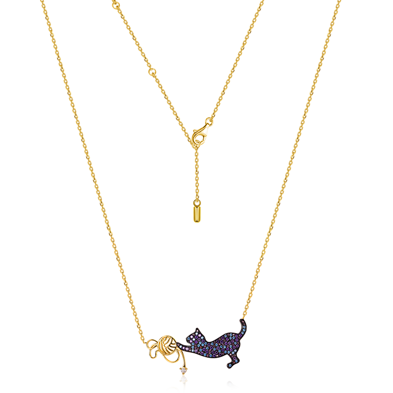 Cat Playing with Yarn Ball Necklace 925 Sterling Silver 18 Gold Plated Inlaid with Colorful CZ Stones_2