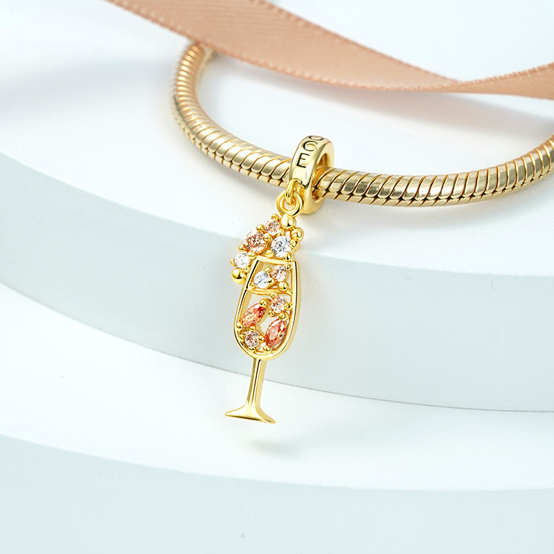 Champagne Cocktail Pendant Dangle Charm 925 Sterling Silver 18K Gold Plated Inlaid with Colorful CZ Stones_2