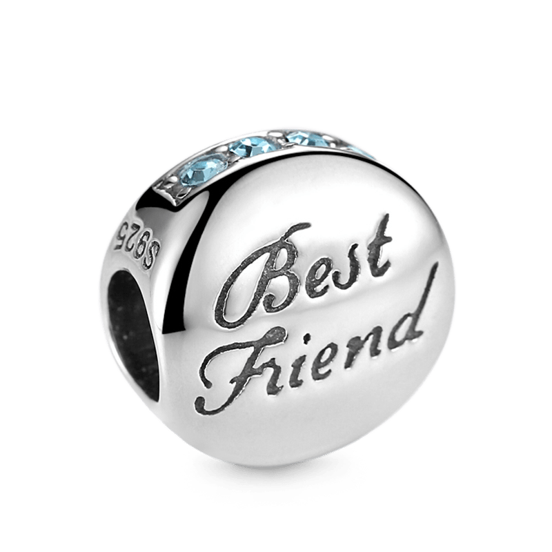 "Best Friend" Charm Bead 925 Sterling Silver Inlaid with Blue Gemstones_1