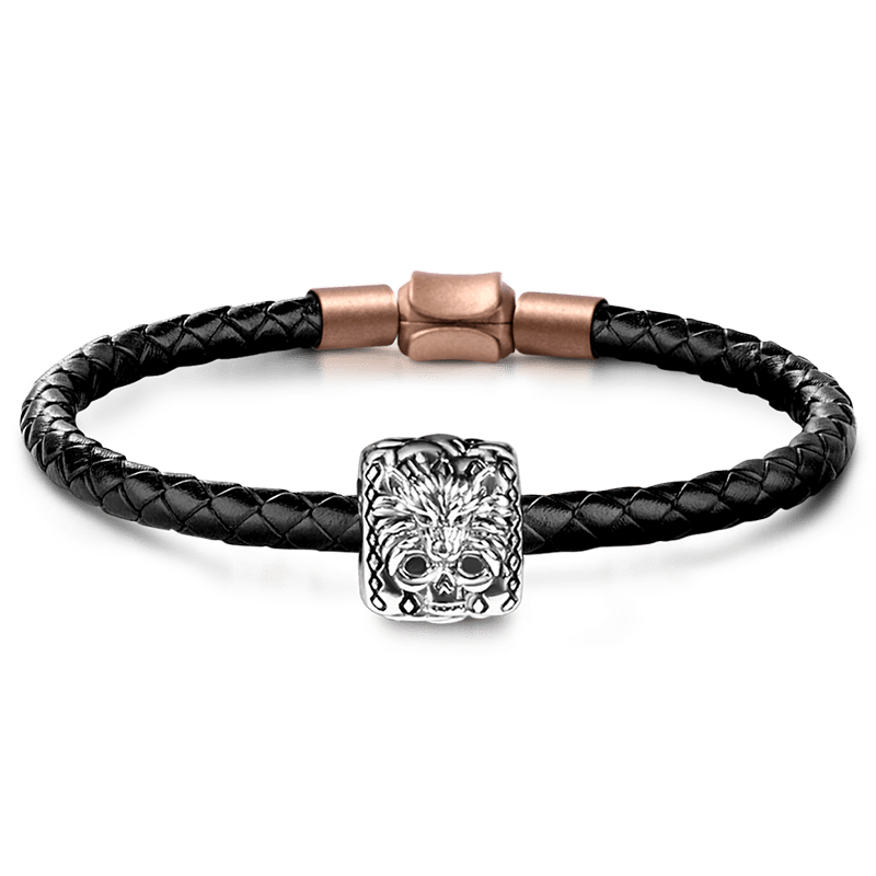 Wolf Skull Men's Vintage Bead S925 Sterling Silver with Gift Copper Black Leather Men's Bracelet Jewelry for Men_1