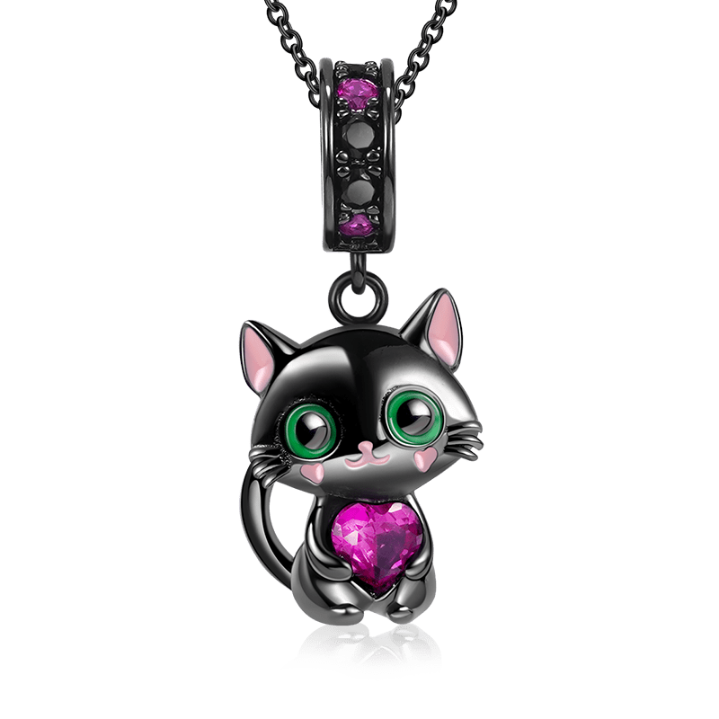 Black Cat Embraces Heart Gemstone Necklace Black Plated_1