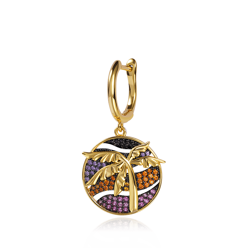 Coconut Tree Single Dangle Earring 925 Sterling Silver 18K Gold Plated Inlaid with Colorful Gemstones_1