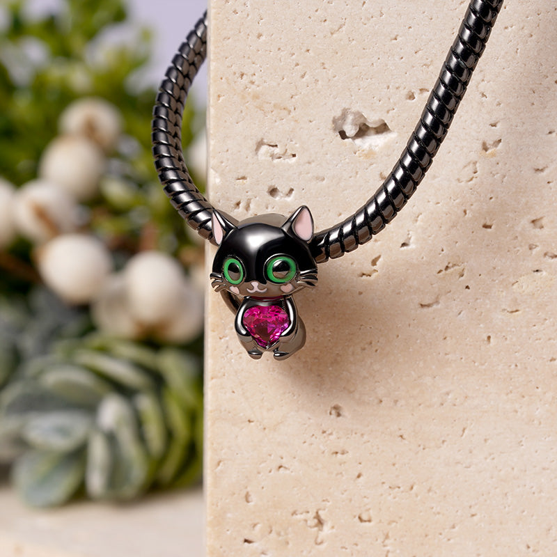 Black Cat Embraces Heart Gemstone Charm Bead Sterling Silver_3