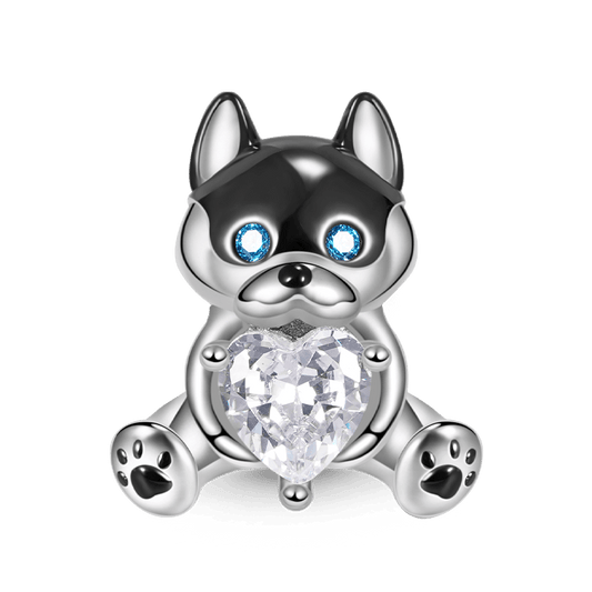 Husky Puppy Embraces Heart Gemstone Charm Bead 925 Sterling Silver_1