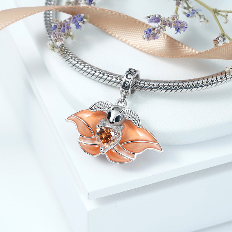 Japanese Silk Moth Embraces Heart Gemstone Charm Bead 925 Sterling Silver with Orange Glitter Enamels_3