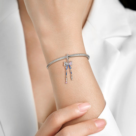 Bowknot with Fishbone Pendant Dangle Charm 925 Sterling Silver Inlaid with Pink & Blue CZ Stones_2
