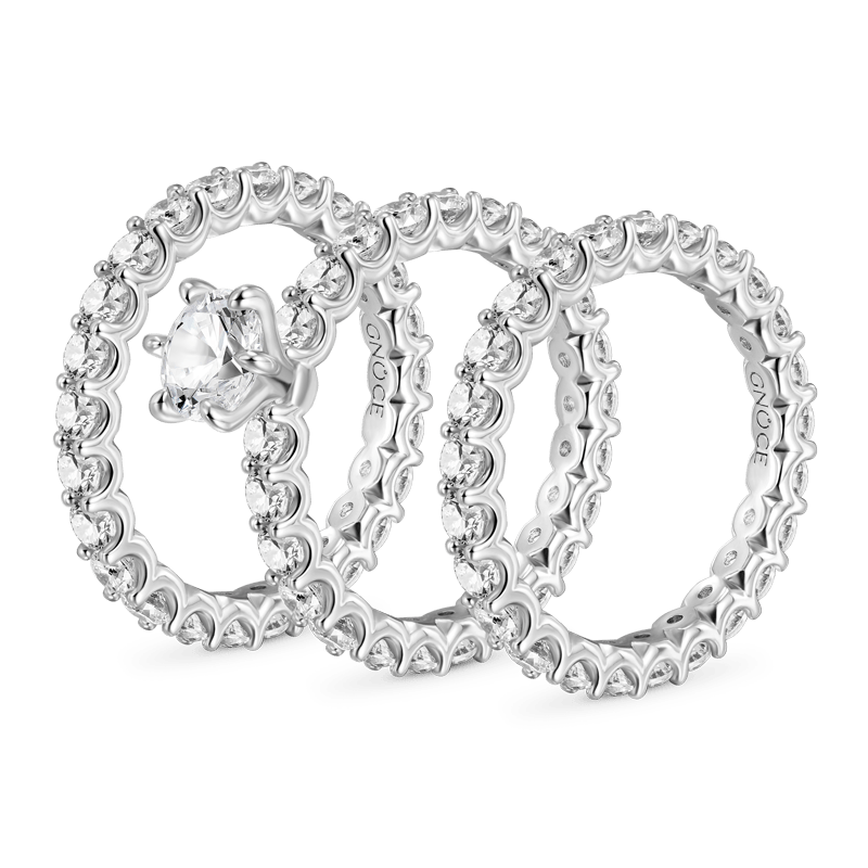 Gnoce Sparkling Round Cut Stackable Ring Set Platinum-plated Silver Blend_2