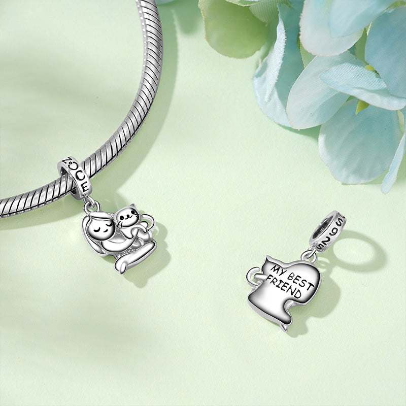 Gnoce A Lovely Girl Embraces Cat Charm Platinum-plated Silver Blend_3