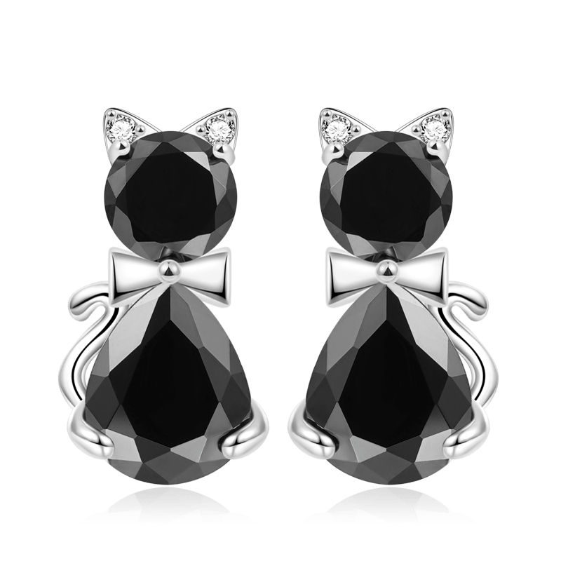 Gnoce Sparkling Black Cat Stud Earrings Platinum-plated Silver Blend_1