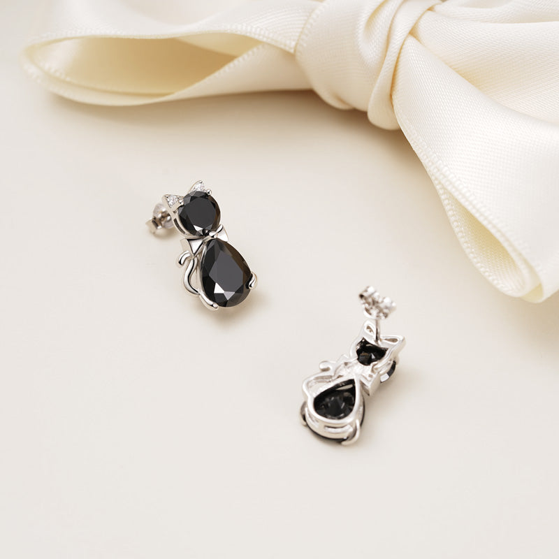 Gnoce Sparkling Black Cat Stud Earrings Platinum-plated Silver Blend_2