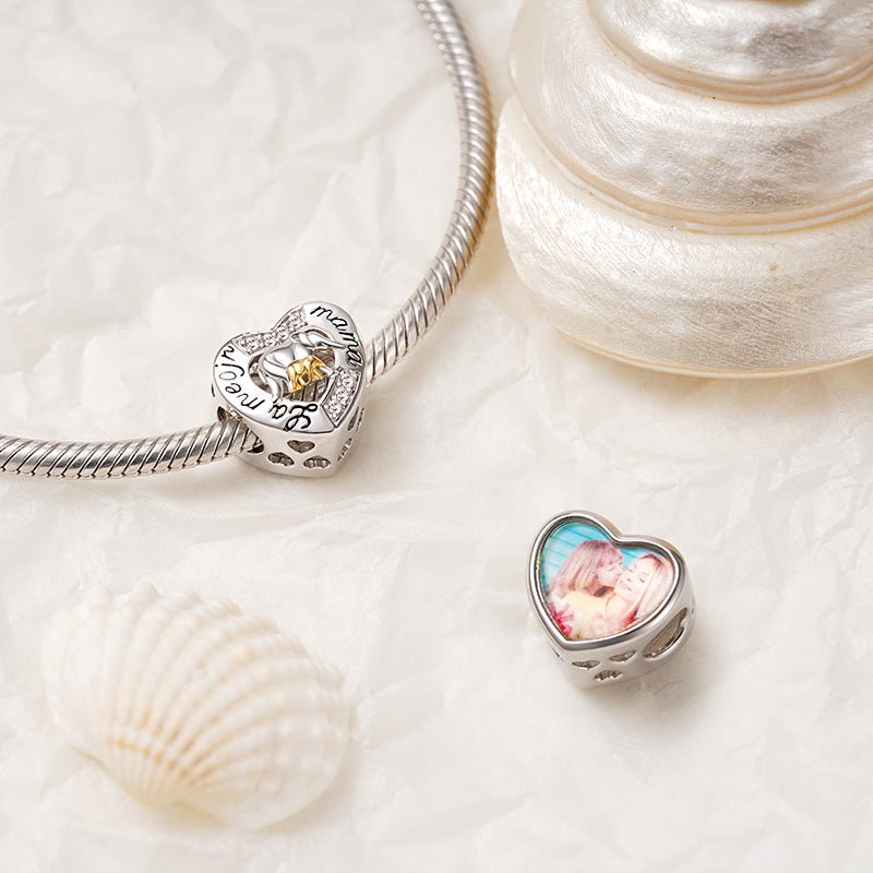 Gnoce Mother Love Heart Personalized Photo Charm Platinum-plated Silver Blend_2