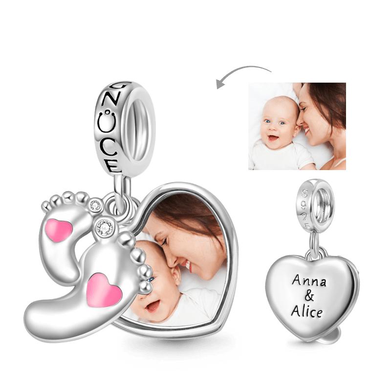 Gnoce Baby Footprints & Heart Engravable Charm Platinum-plated Silver Blend_1